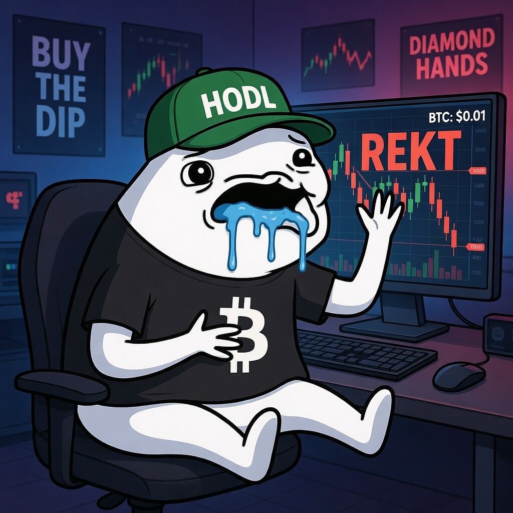 $BRAINDEAD mascot crying blue tears at a REKT trading chart